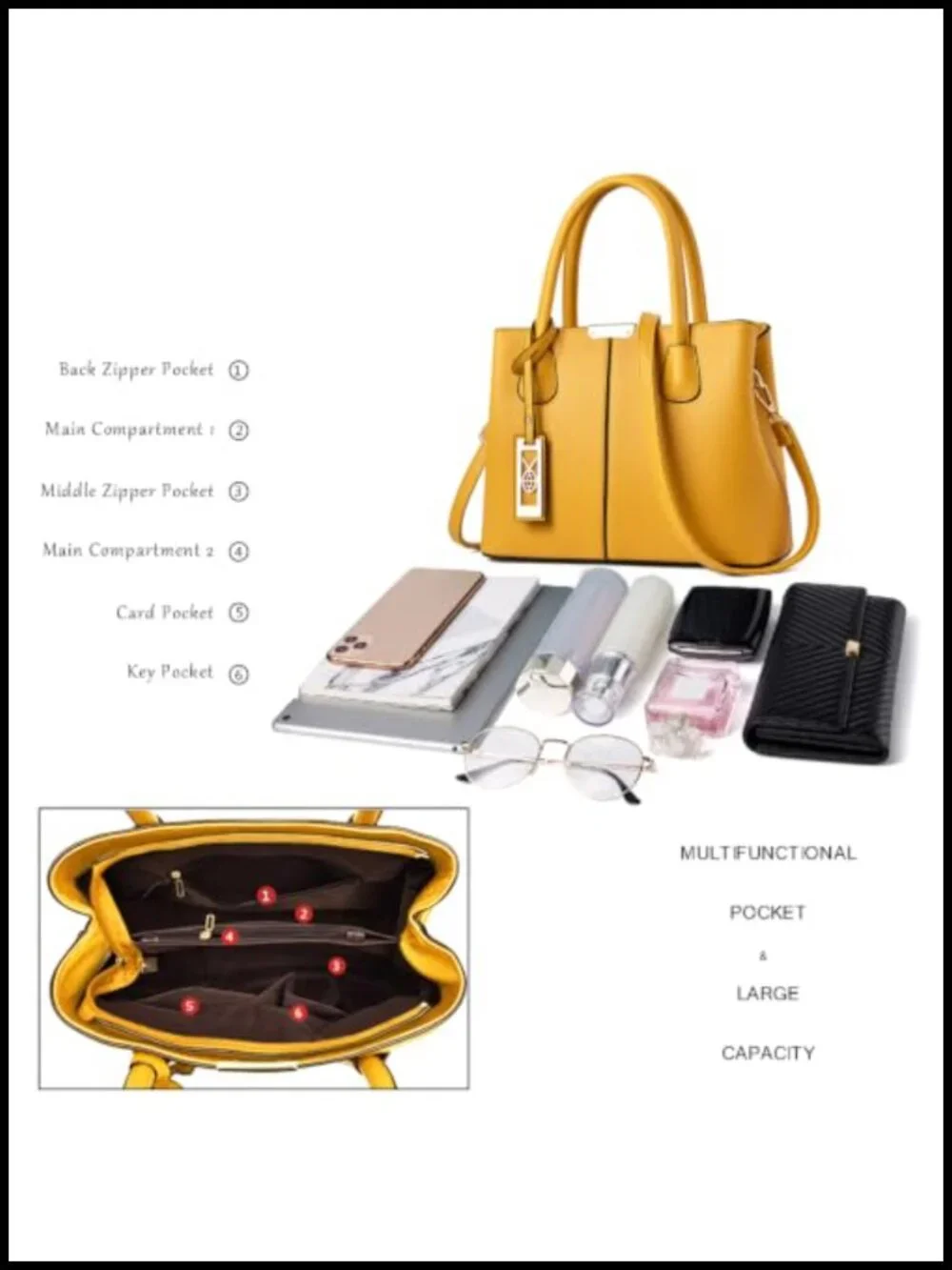 Synthetic Leather Satchel Crossbody Tote Shoulder Bag with Gold Tone Hardware